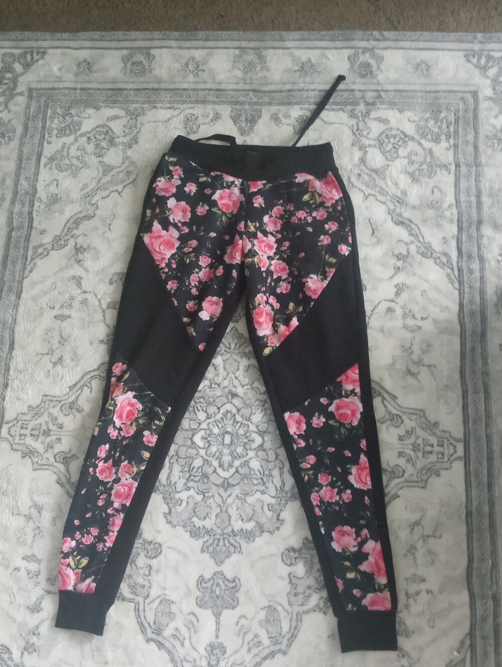 Girls Black Floral Panel Jogger Pants